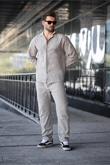 Madmext Painted Gray Relaxed Fit Men's Linen Shirt Pants Set E7327