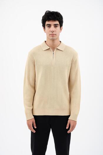 ribana Men's Full Mold Solid Color Polo Neck Zippered Long Sleeve Knitwear Sweater - Lp903