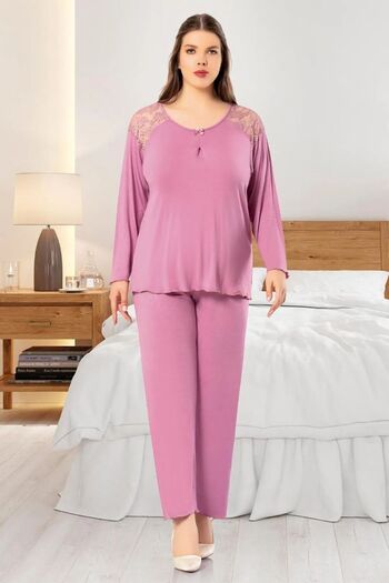 FAAL 8804 Women's Plus Size Long Sleeve Lace Detailed Pajama Set-Dried Rose