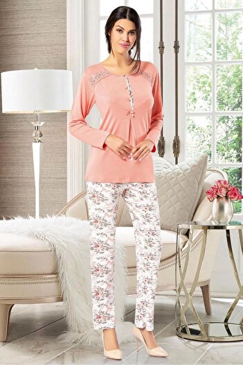 FAAL 8602 Women's Long Sleeve Front Buttoned Pajama Set - Salmon