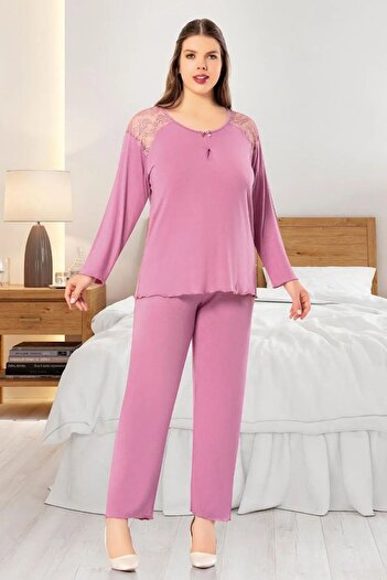 FAAL 8804 Women's Plus Size Long Sleeve Lace Detailed Pajama Set-Dried Rose