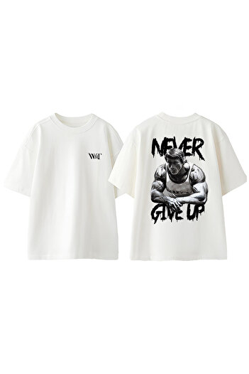 THEWERT Μπλουζάκι Gym Never Give Up 2 με στάμπα στην πλάτη, βαμβακερό λευκό oversize