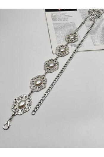 MODAM HİFA Silver Pearl Detailed Chain Belt Women's Belt Dress Belt Shirt Belt Waist Belt Body Belt