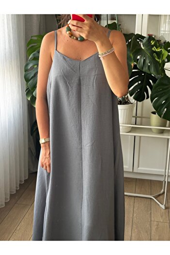 Store Gri Askılı V Yaka Rahat Kalıp Uzun Elbise
