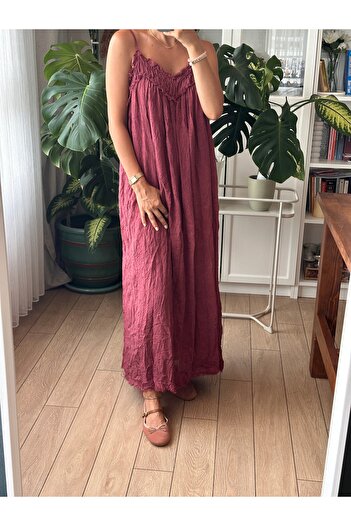 Store Bordo Renk Keten Dokulu İnce Askılı Uzun Elbise