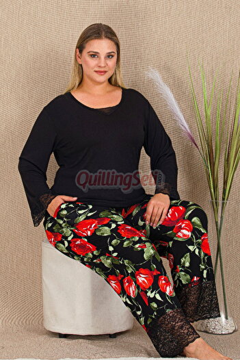 quilling Black Color Rose Patterned 11422 Women's Long Sleeve Plus Size Mother Pajamas Set