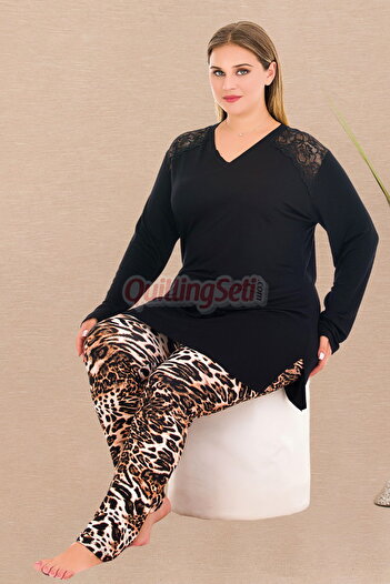quilling Black Color Leopard Patterned 11418 Women's Long Sleeve Plus Size Pajamas Set for Mother