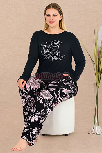 quilling Black Color Flower Patterned 11389 Women Long Sleeve Plus Size Pajamas Set for Mother