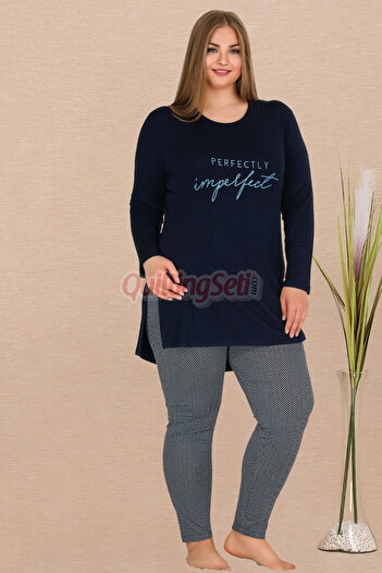 quilling Navy Blue Color Fish Back Patterned 11311 Women's Long Sleeve Plus Size Pajamas Set for Mother