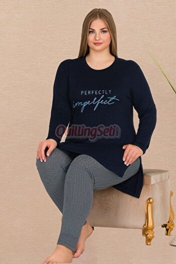 quilling Navy Blue Color Fish Back Patterned 11311 Women's Long Sleeve Plus Size Pajamas Set for Mother