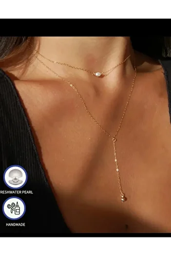 By Song Aksesuar Real Pearl Necklace with Steel Chain