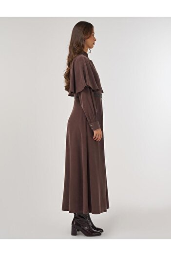 Kayra Belt Detailed Maxi Rayon Dress Dark Brown