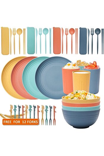 erorex 32Pcs Wheat Straw Dinnerware Sets, Reusable Unbreakable Dinnerware Set 4,Reusable Lightweight