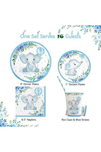erorex Boy Elephant Baby Shower Plates Set Decorations 16 Guests,Paper Plate Napkins Cups Straws