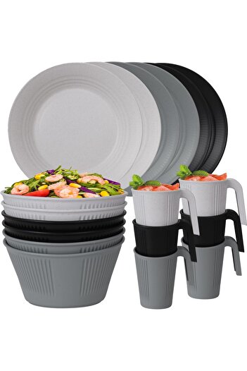 erorex Unbreakable Plastic Dinnerware Set 6 Reusable Tableware Plates, Bowls, Cups Microwave & Dishwasher