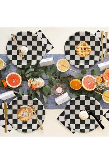erorex 60Pcs Black White Checkered Race Car Party Supplies,Racing Themed Tableware Set 7"Racing Dessert