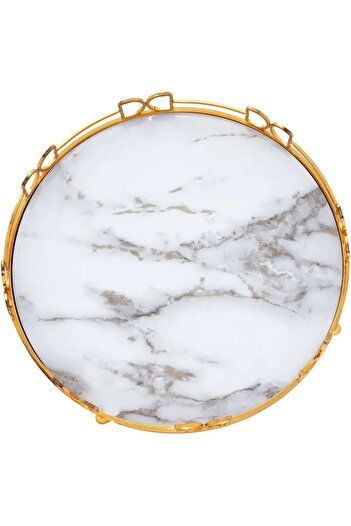 erorex White Marble Circular Serving Tray With Aluminum Edges, White