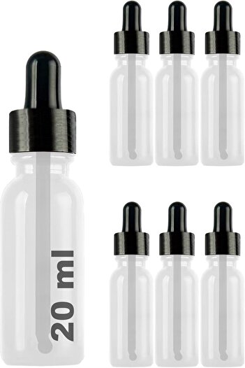 STOREMAX Polysight 20 ml Metal Cap Dropper Bottle Serum 20 Cc Glass Bottle 6 Pieces (Black Cap, Transparent