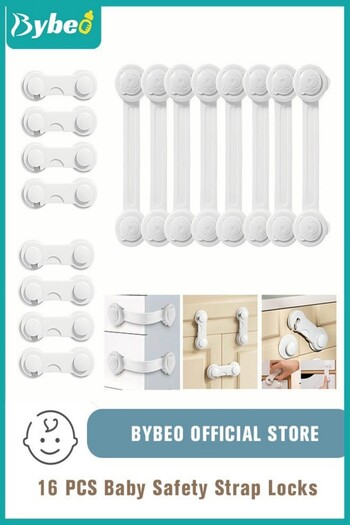 BYBEO 16-Piece Baby Safety Strap Locks Child Lock for Cabinets and Drawers, Toilet, Fridge & More. 3M Adhe