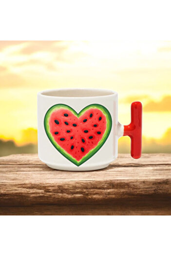 BB TRADE Red T-Handle Ceramic Printed Mug with Heart and Watermelon Design 250 ml