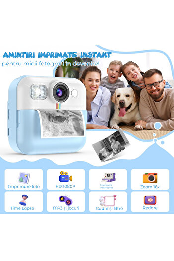 Elindor ® Instant Camera for Kids, 2.4 Inch Screen, 1080P, 16X Zoom, Inkless Printing, 32GB SD, Blue