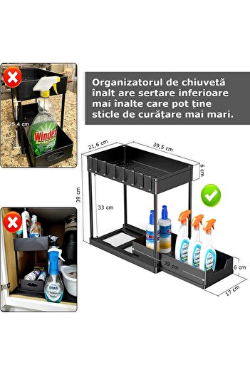 Elindor Multifunctional 2-tier bathroom organizer, sliding storage container, hooks, 39.5 x 22x 39, black