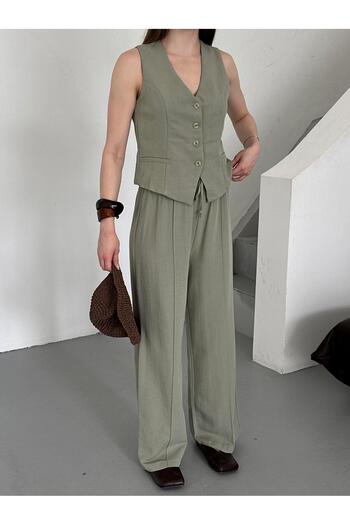 Laluvia Çağla 100% Cotton Lavin Linen Vest and Trousers Set