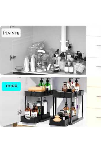 Elindor Multifunctional 2-tier bathroom organizer, sliding storage container, hooks, 39.5 x 22x 39, black