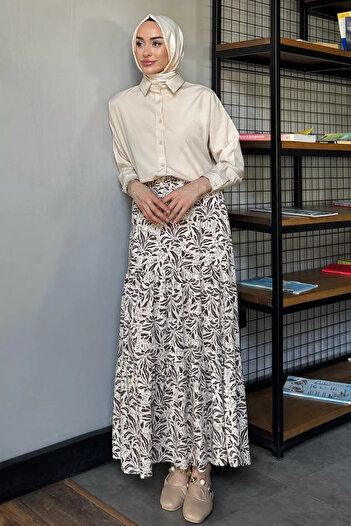 julude Stone Brown Women's Three Layer Patterned Hijab Viscose Skirt