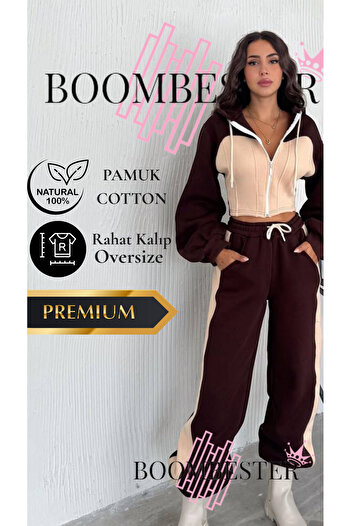 BoomBester Women's Three-Thread 100% Cotton Oversize Tracksuit Set - Relaxed Fit with Ribbed Corset and Stripe Detail