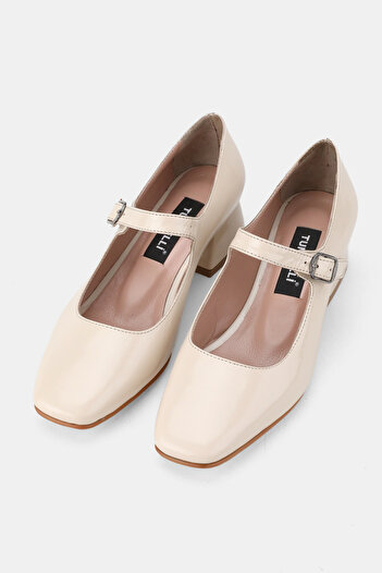 TUNAELLİ Women's Beige Patent Leather Khaki Leather Mary Jane Strap Shoes with Medium Heel, Sizes 33-34-35-41-42-43