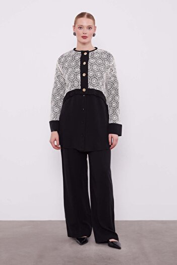 Levidor Black-Beige Lace Detailed Triple Tunic Set