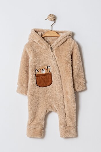 Chicsy Baby Winter Sweet Teddy Bear Pocket Hooded Welsoft Zippered Baby Jumpsuit