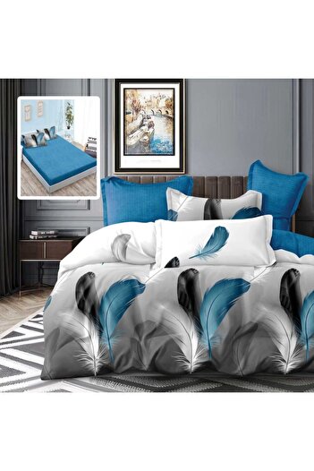 Pucioasa Fine linen bed linen with elastic, 6 pieces, Grey/Blue Feathers