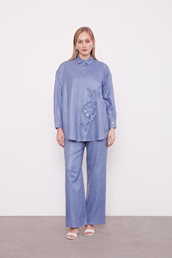 Levidor Blue Embroidered Rose Detailed Tunic Set