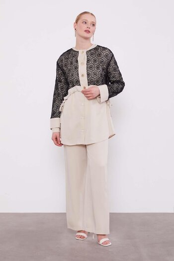 Levidor Stone-Black Lace Detailed Triple Tunic Set