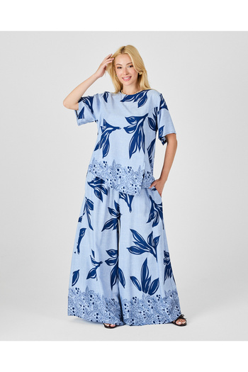 Tubik Women's Floral Patterned Wide Leg Top and Bottom Set with Pockets
