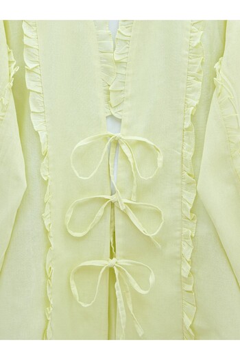 Modamorfo Linen Shirt with Ruffle Front and Tie Sleeves - Light Yellow