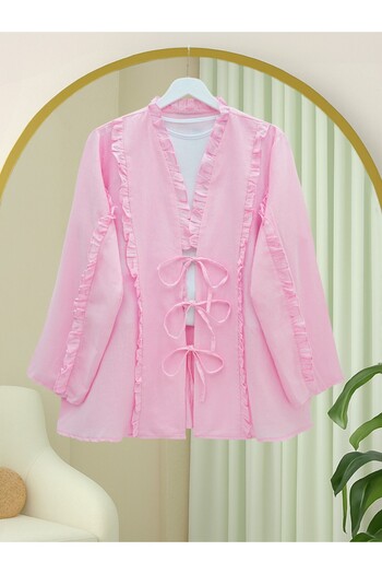 Modamorfo Linen Shirt with Ruffle Front and Sleeves - Pink
