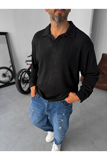 BYBASICMAN Black Collared Knitwear Sweatshirt Tw-1582