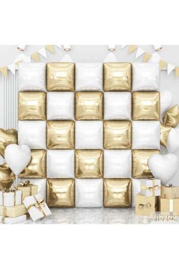 Toybox Gold White Square Foil Balloons Wall, Double Sided Chrome Light Gold White Balloons Tunnel Arch Kit