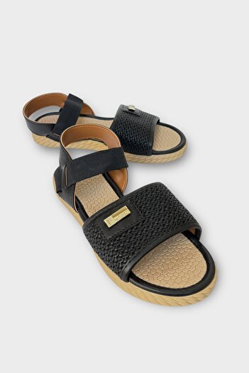 Liger Women's Straw Single Strap Rubber Detailed Sandals Black