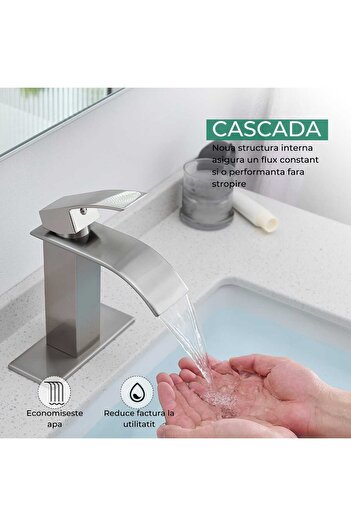 Elindor Baterie lavoar baie cu cascadă ®, finisaj nichel satinat, mâner unic, placă cu 1 sau 3 orificii
