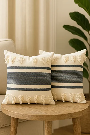 Markaev Jacquard Woven Exclusive Tassel Detailed Throw Pillow Cover Set of 2