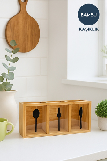 HOMİNG Bamboo 3-Compartment Spoon Fork Knife Holder 26X13 cm