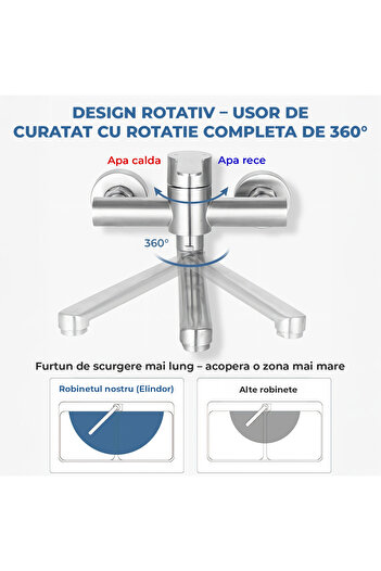 Elindor Baterie chiuvetă bucătărie argintie, încastrată, montată pe perete, 360°, finisaj periat
