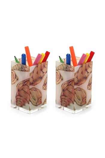 Bosphorus 2 Pieces Pen Holder with Oyster Pattern Office Supplies 6X6X12Cm 300ml