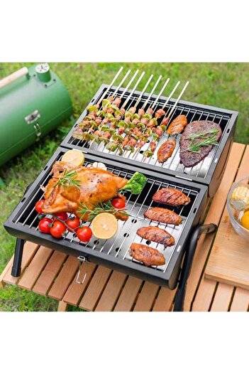 FOXMAG24 Portable Double Grill, Metal, Cool Wooden Handle, 38x25x38cm, Circular, Easy Clean, White