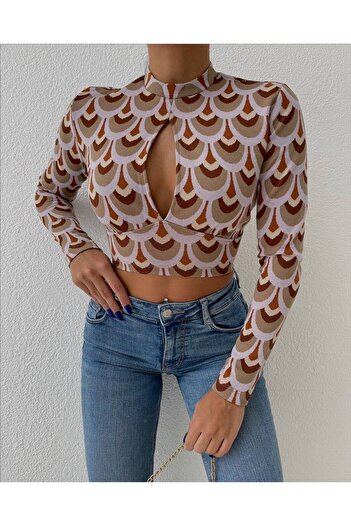 369 etnik butik Retro Patterned Long Sleeve Crop Blouse with Collar Detail