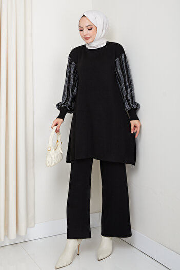 FERHEL Sleeve Glitter Stripe Detailed Steel Knitted Comfortable Fit Women's Tunic and Trouser Knitwear Set